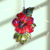 Red Hibiscus Acrylic Wavy Suncatcher Ornament, Tropical Floral Faux Stained Glass Window Hanging, Exotic Garden Decor for Nature Lovers